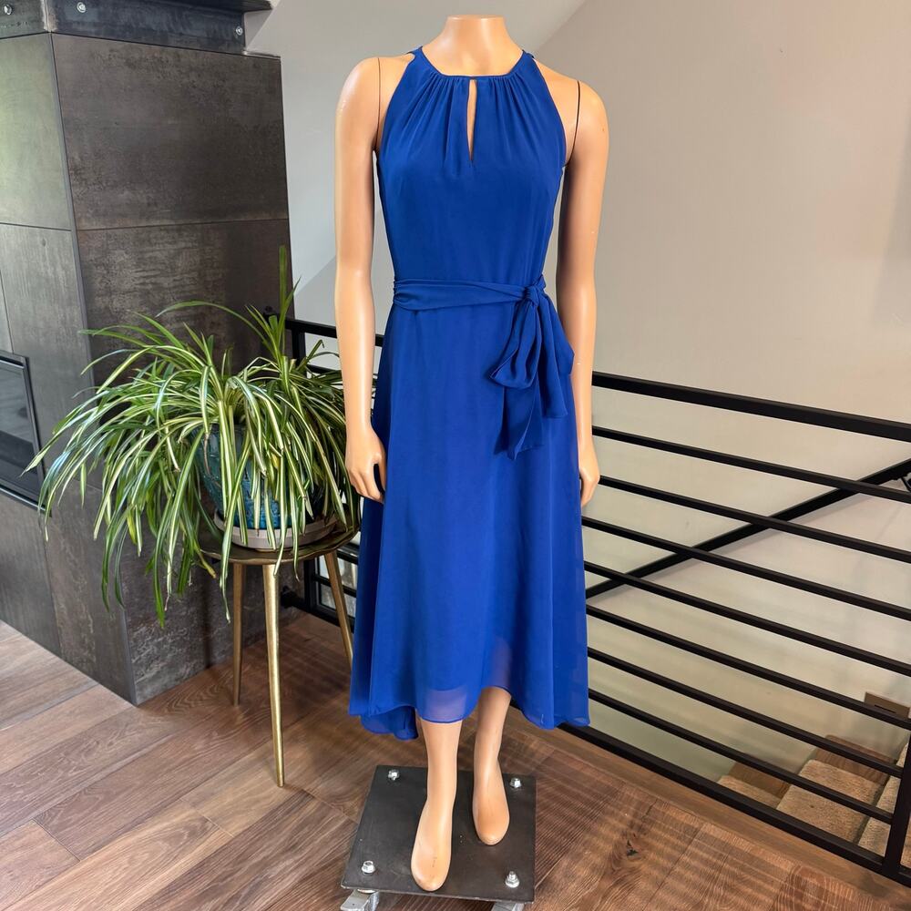 Tahari ASL Elegant Royal Blue Chiffon Keyhole Halter Midi Dress Women's Size 2